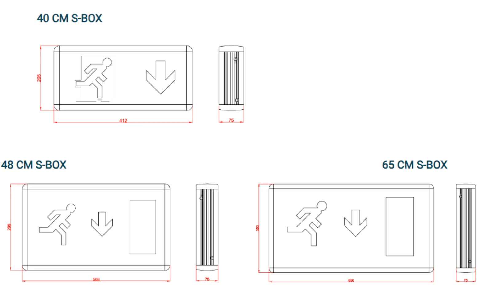 S-BOX Emergency Exit Sign Luminaire technical drawing and housing dimensions
