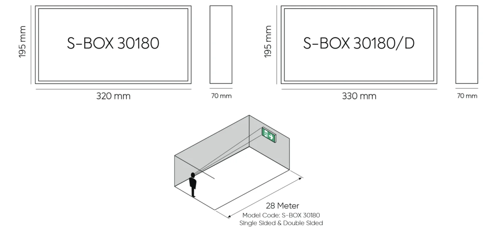 S-BOX 30 cm Acil Yönlendirme Armatürü teknik çizimi ve gövde ölçüleri