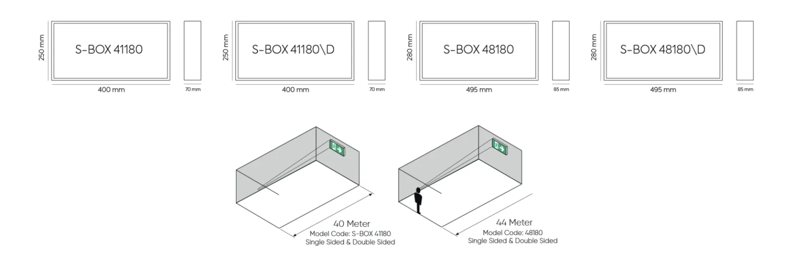 S-BOX 40-48 cm Acil Yönlendirme Armatürü teknik çizimi ve gövde ölçüleri