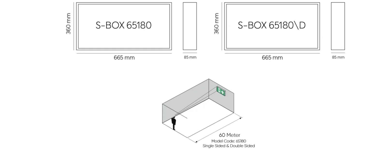 S-BOX 65 cm Acil Yönlendirme Armatürü teknik çizimi ve gövde ölçüleri